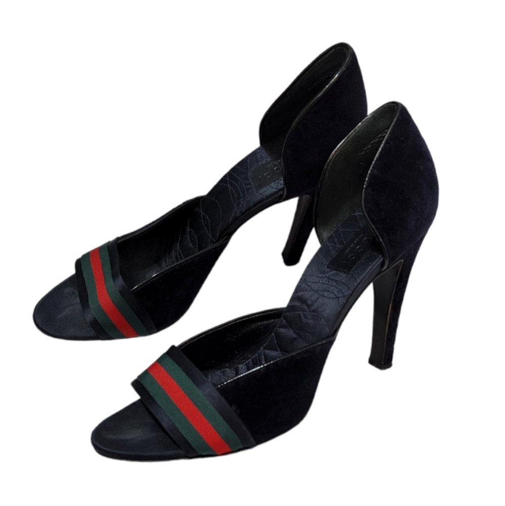 Gucci heels black designer luxury fashion peep open slip in